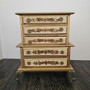 Vintage Florentine Painted Wood Jewelry Music Box 5 Drawer Claw Feet Gold Gesso
